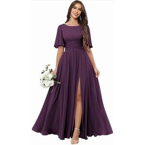 Womens Short Sleeve Bridesmaid Dress Slit A Line Pleated Scoop Neck plum size 14